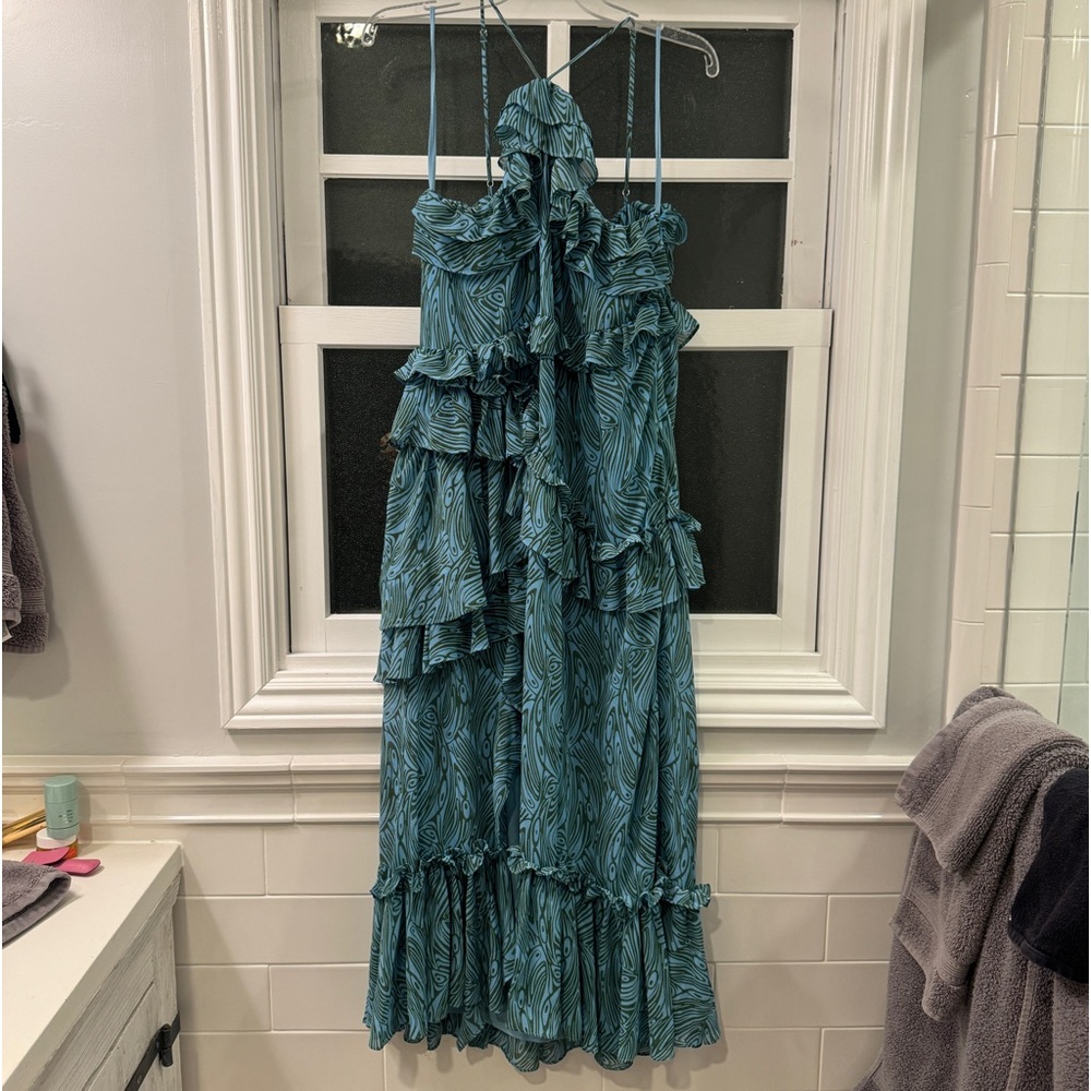 Cinq à Sept, blue and green ruffle maxi dress, size 14